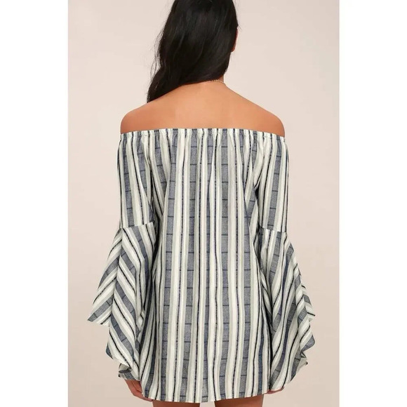 Lulu's Along the Tides Navy Blue Striped Off the Shoulder Boho Dress Size Medium - Picture 3 of 11
